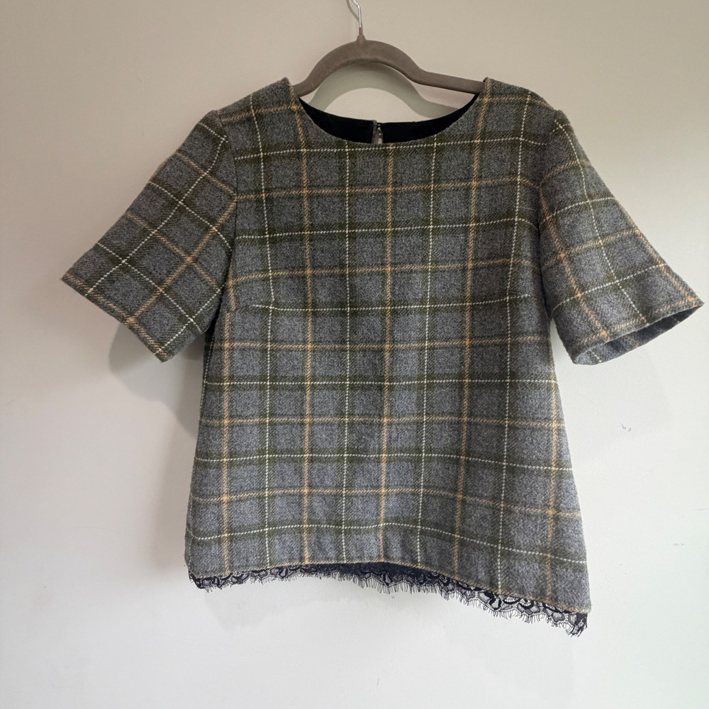 Banana Republic Plaid Lace Hem Wool Top Womens Small Grey Tweed Preppy Indie